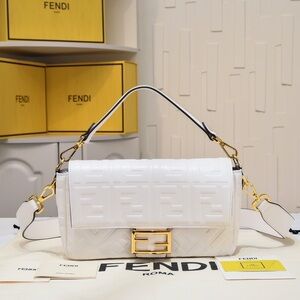 Fendi White Embossed Baguette Shoulder Bag with Gold Hardware